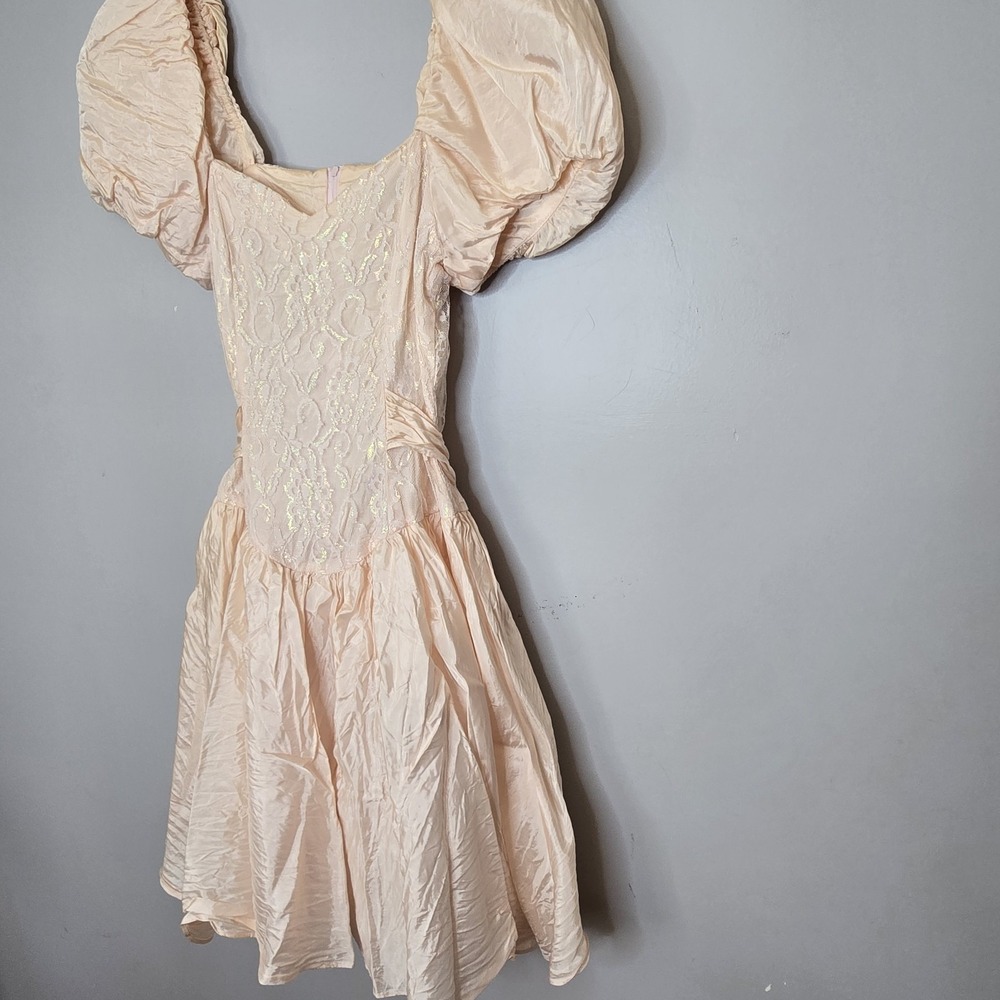 Vtg 80s Mayvens of California Iridescent Peach Pink Lace Puff Sleeve Prom Dress - Picture 4 of 14